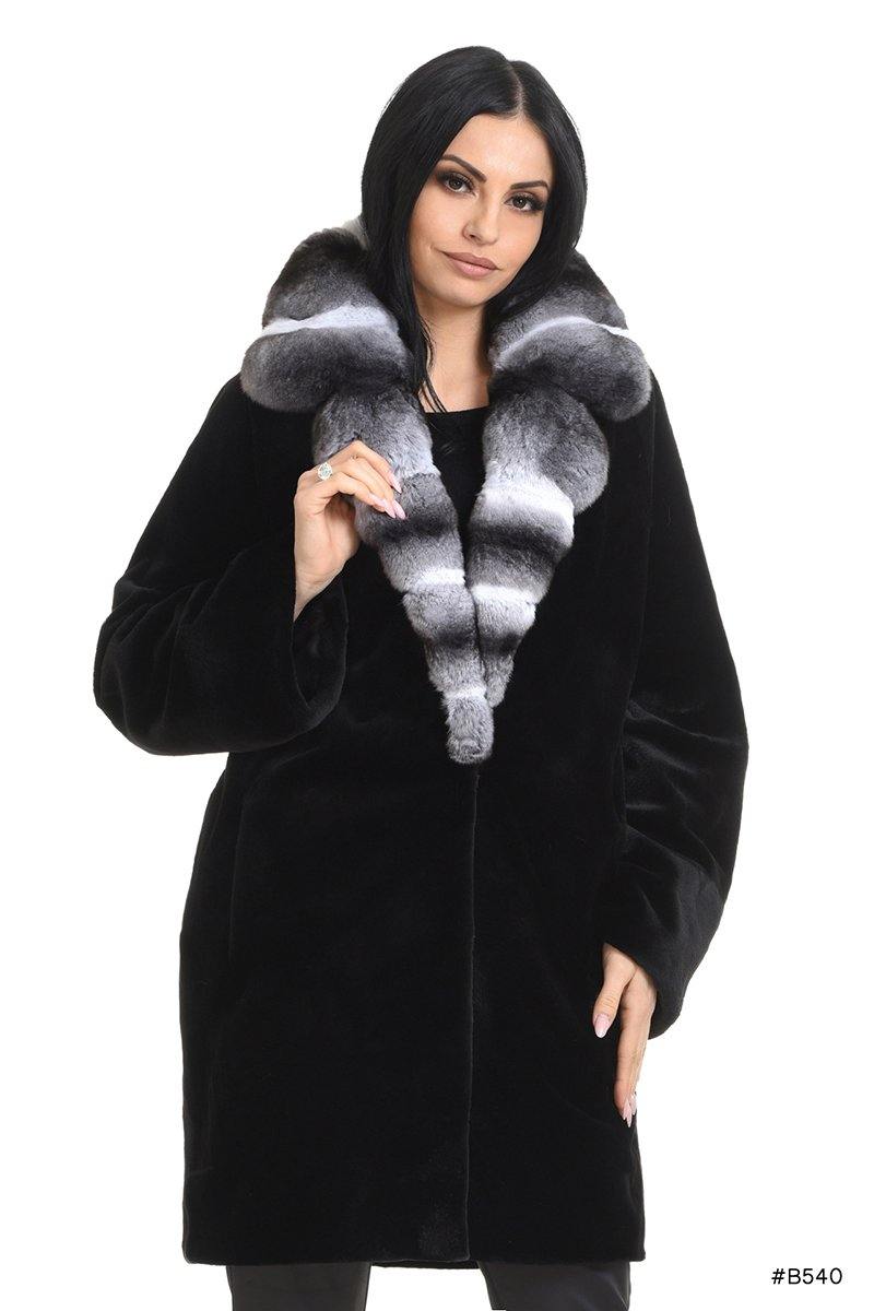 Sheared Sapphire Mink Fur coat with chinchilla collar