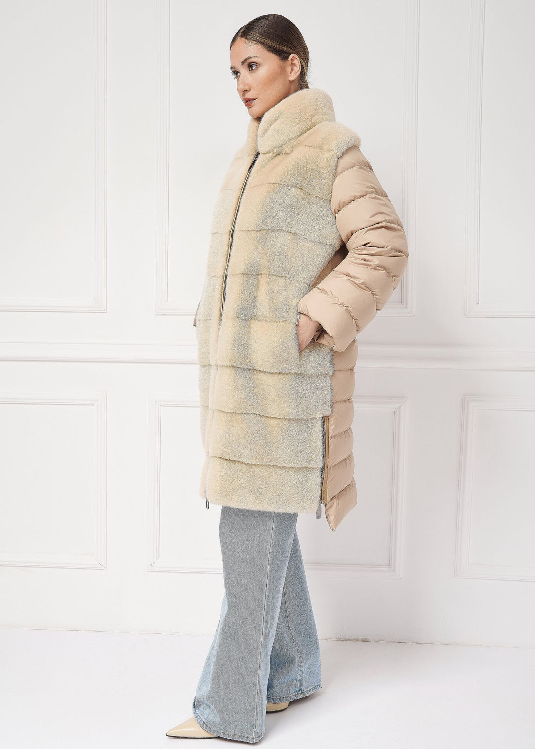 Down coat with mink