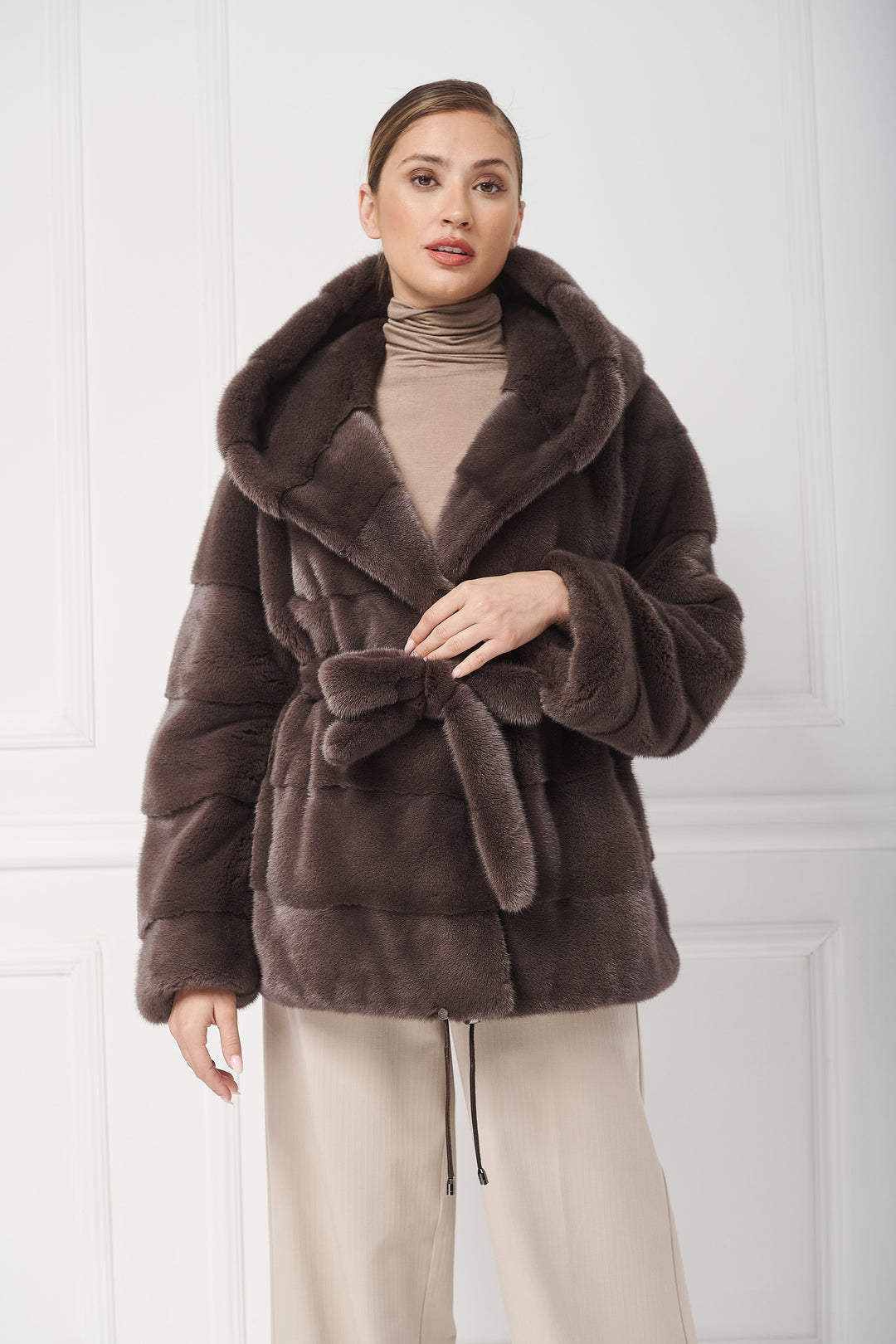 Fur Jacket with Hood and Belt