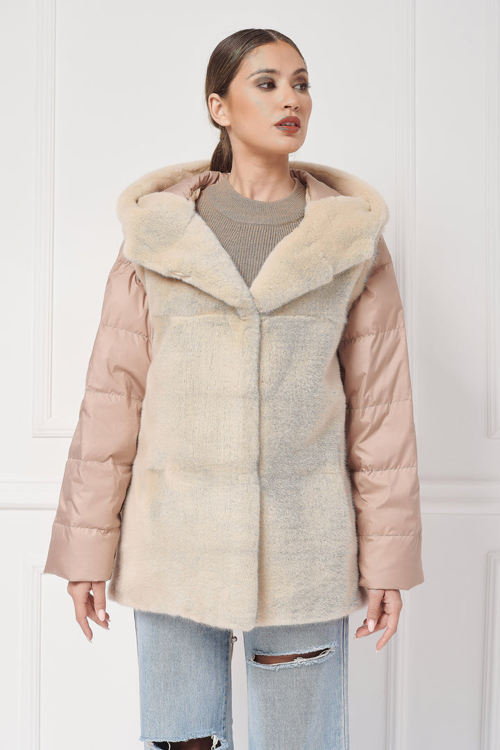 Down hooded jacket with mink