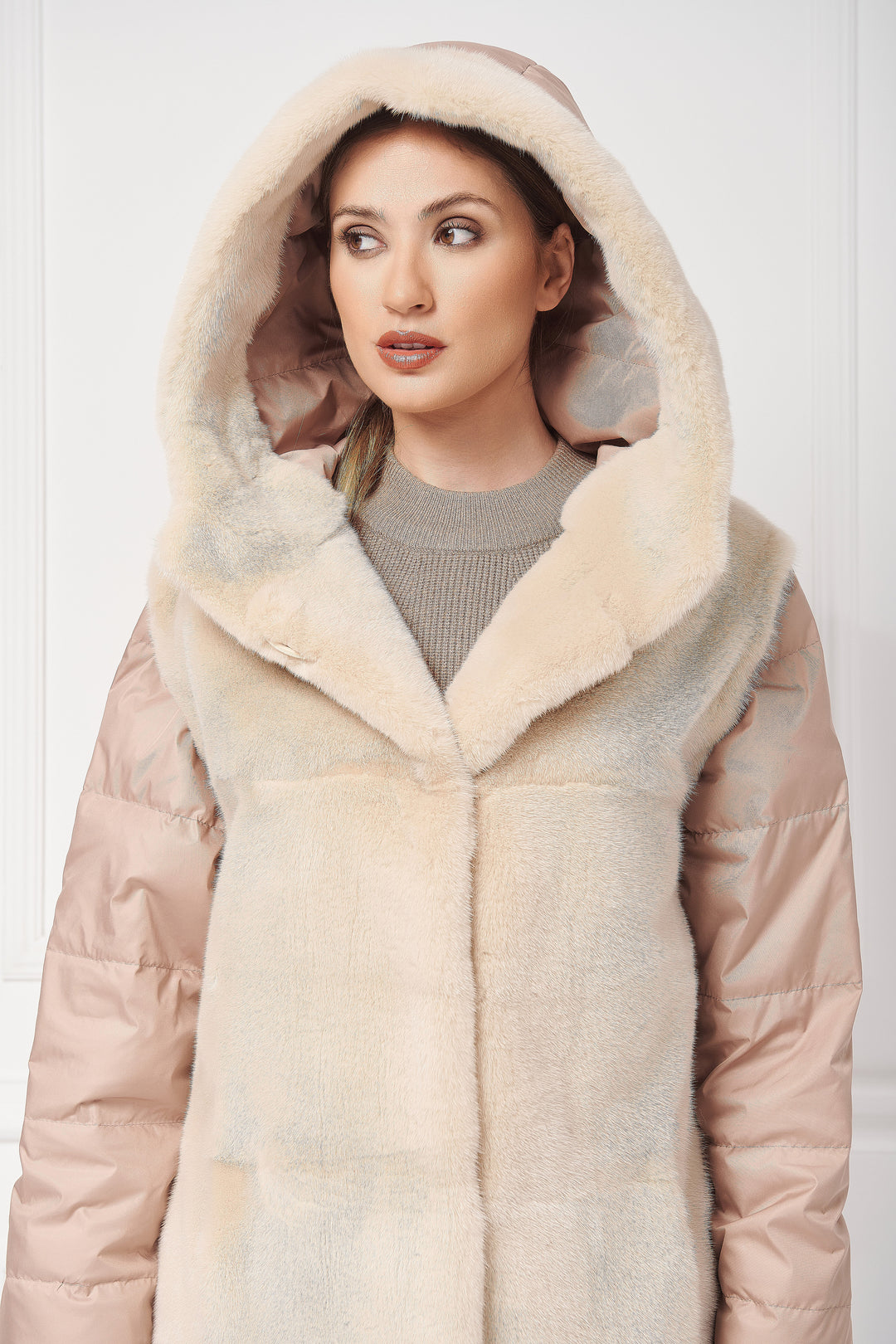 Down hooded jacket with mink