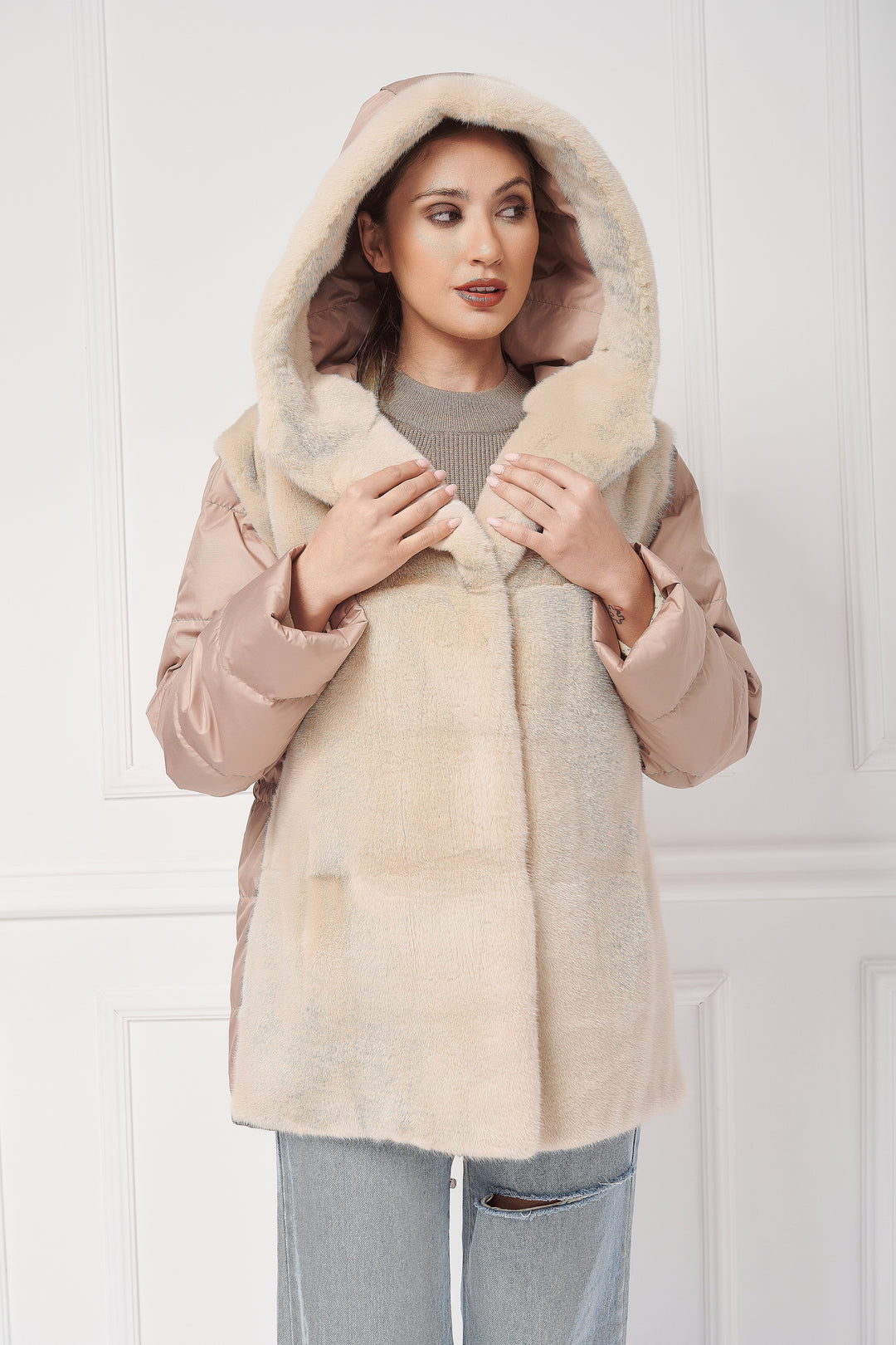 Down hooded jacket with mink