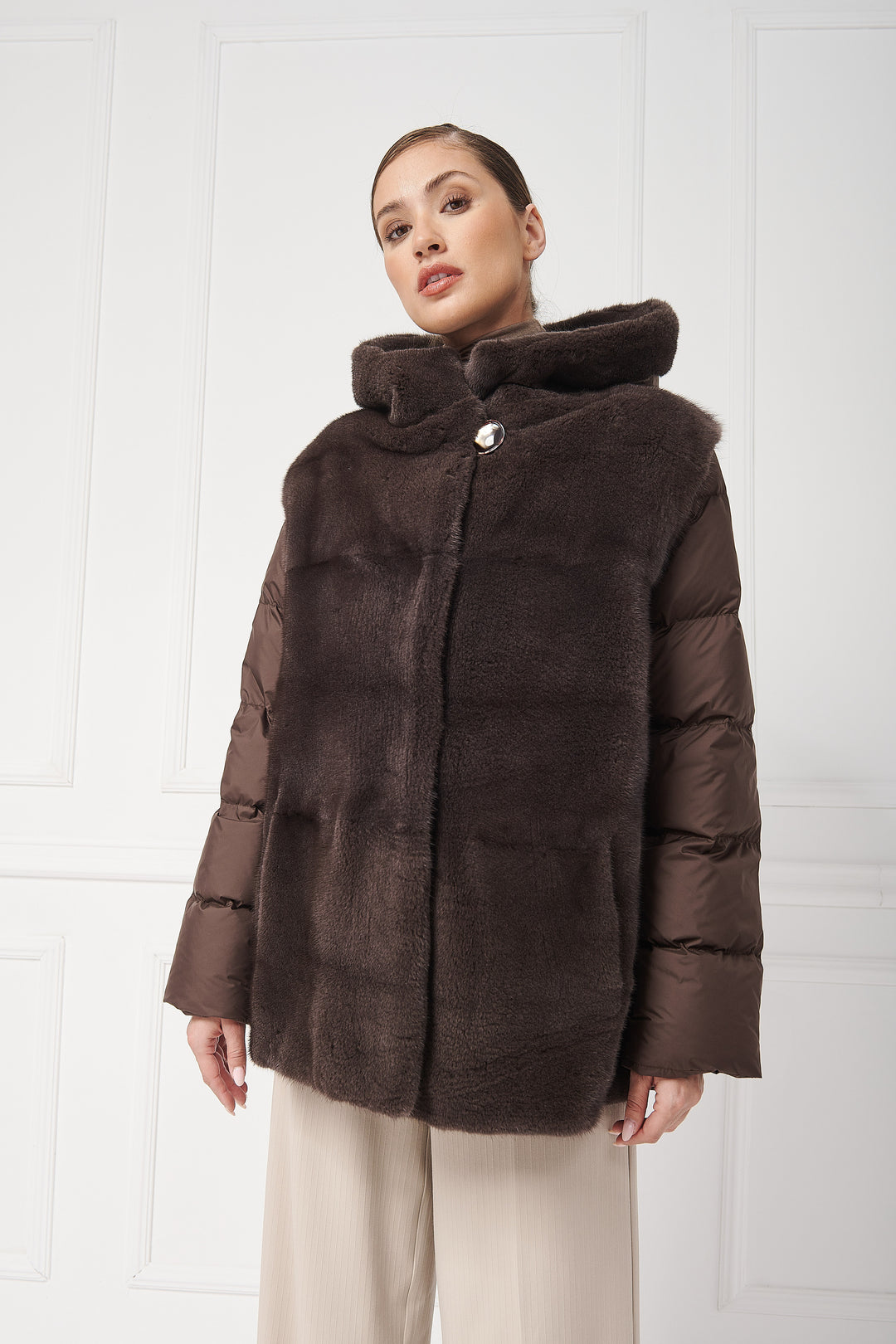 Down hooded jacket with mink