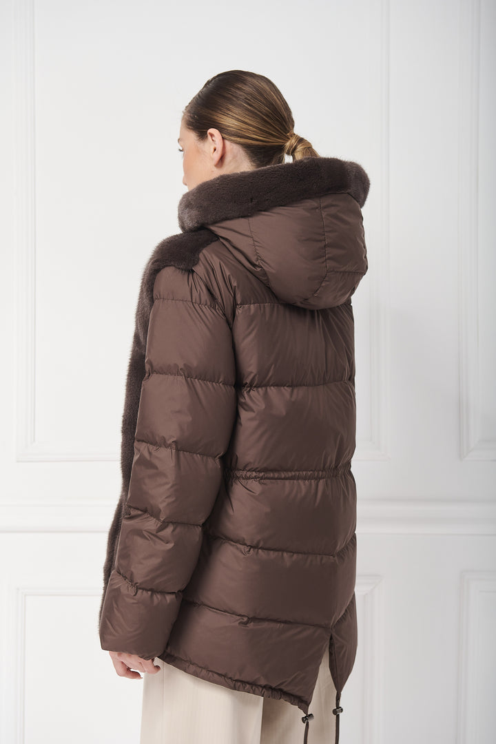 Down hooded jacket with mink