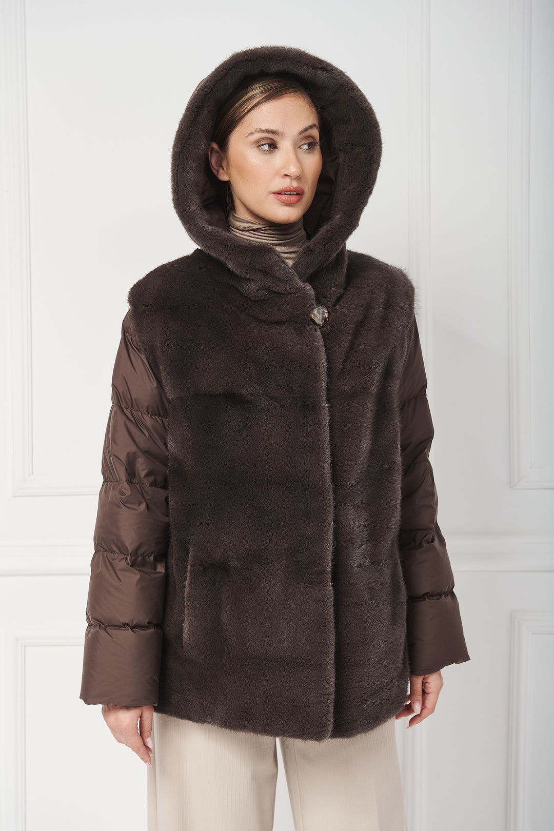 Down hooded jacket with mink