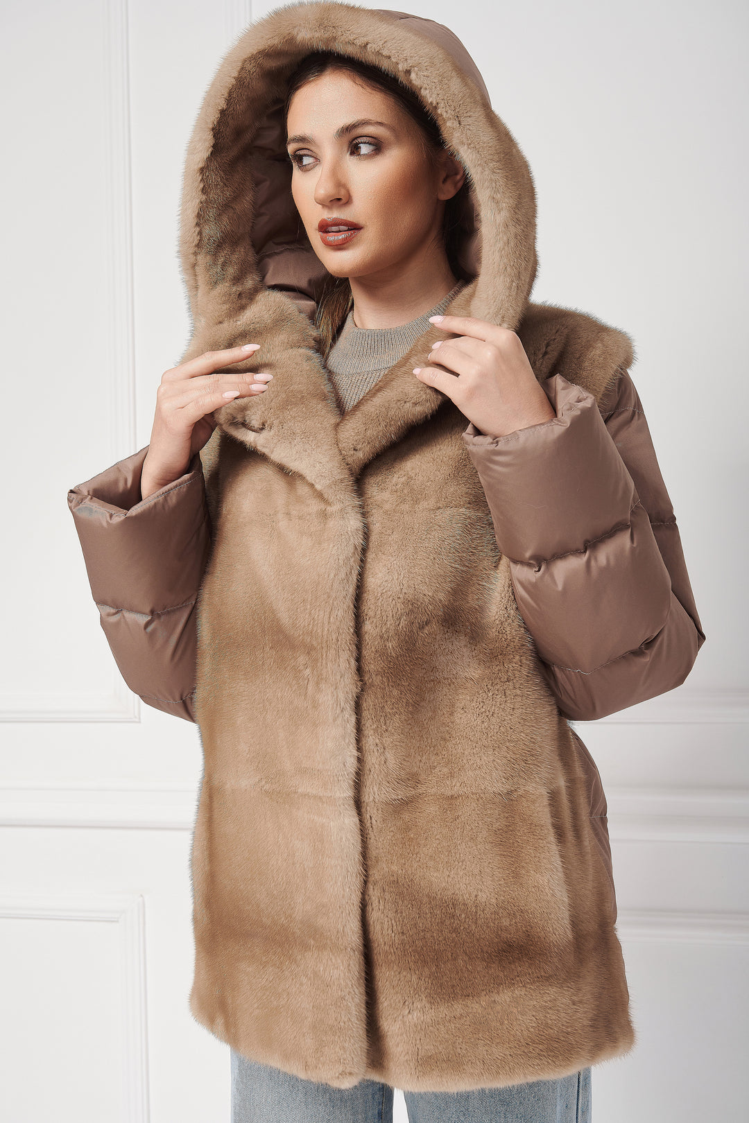 Down hooded jacket with mink