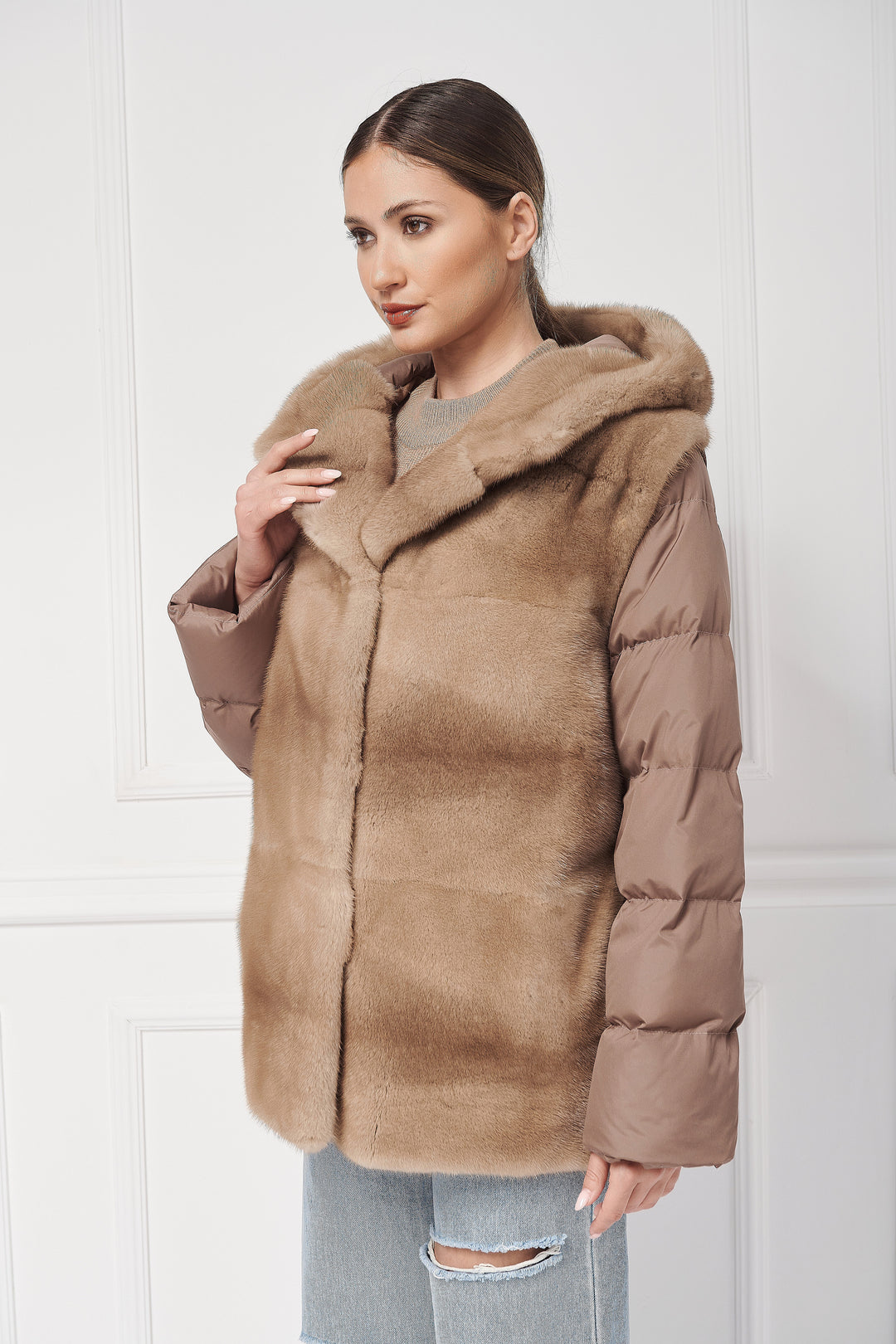 Down hooded jacket with mink