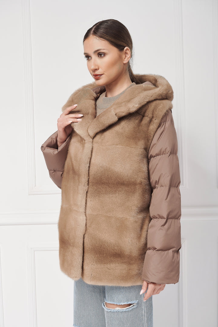 Down hooded jacket with mink