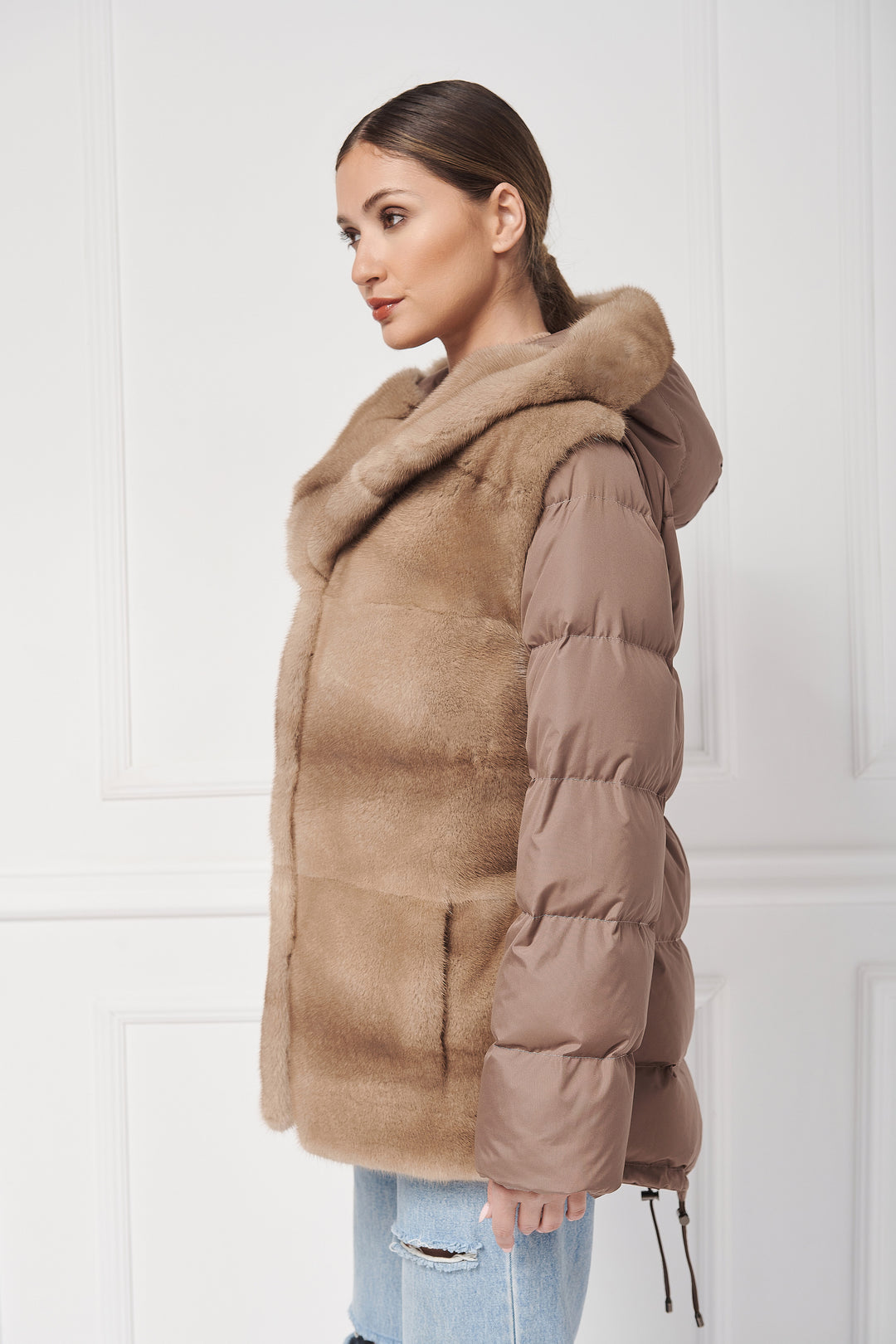 Down hooded jacket with mink