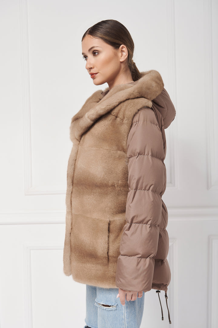 Down hooded jacket with mink