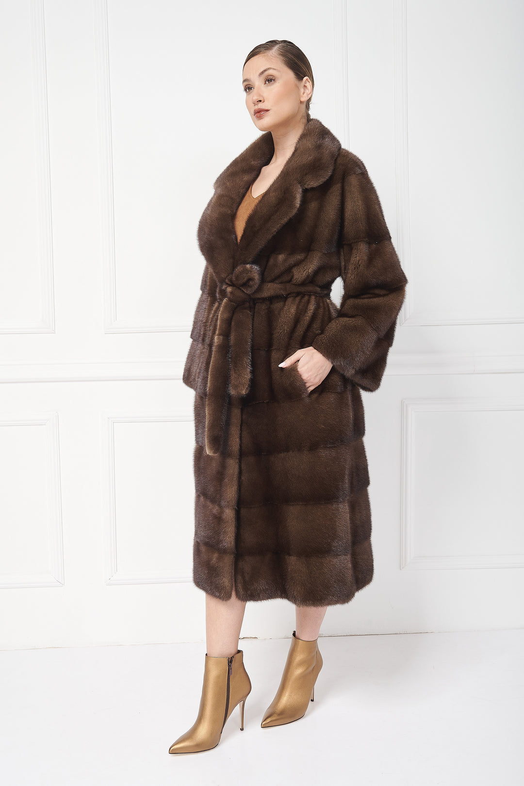 Mink coat with english lapels and belt