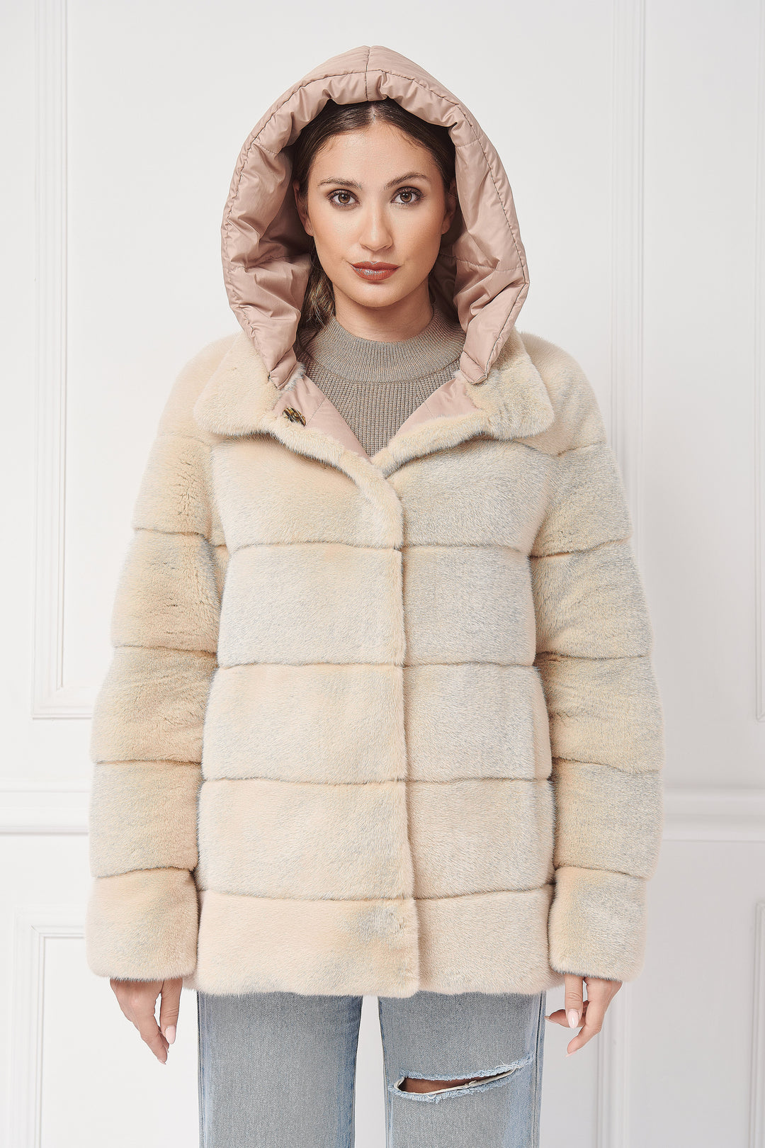 Hooded reversible mink jacket