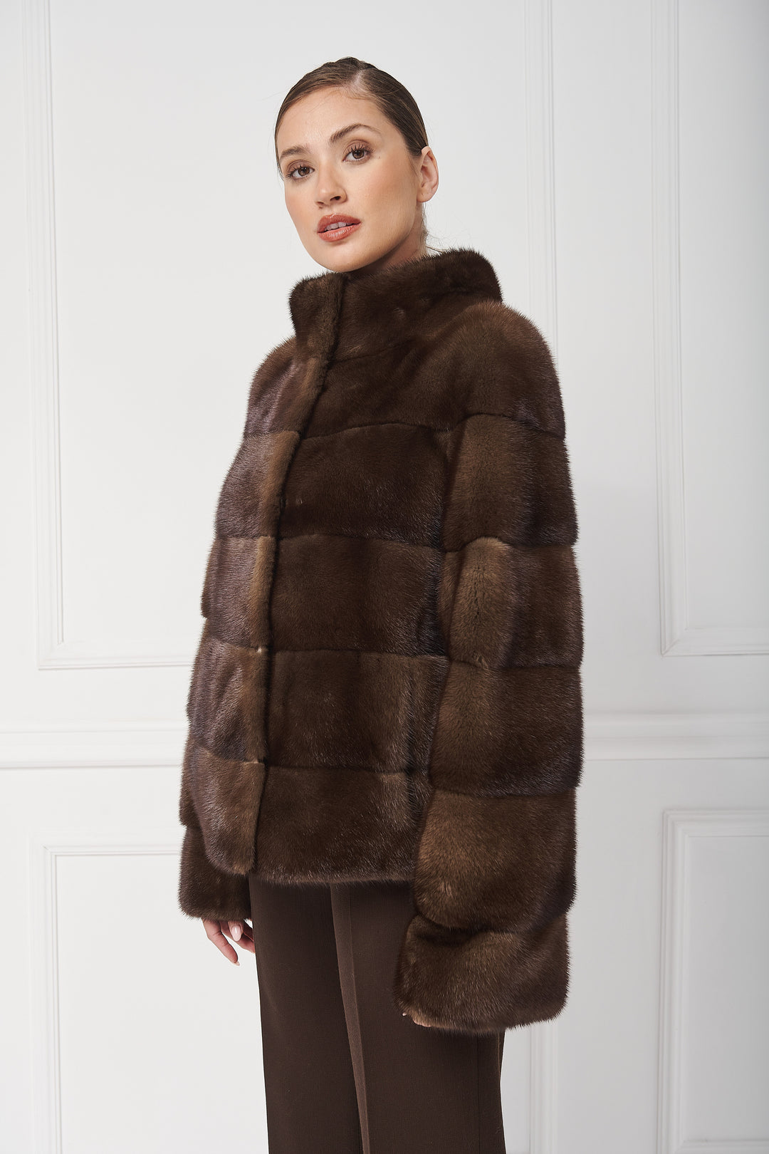 Reversible mink jacket with standup collar