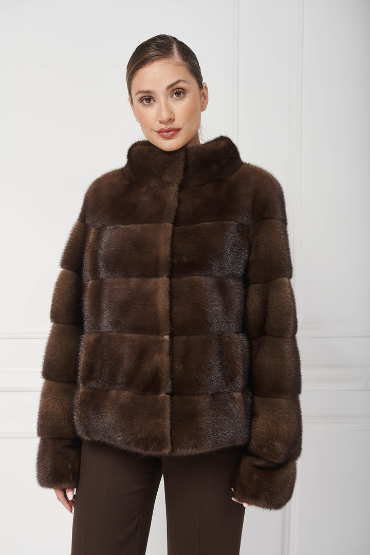 Reversible mink jacket with standup collar