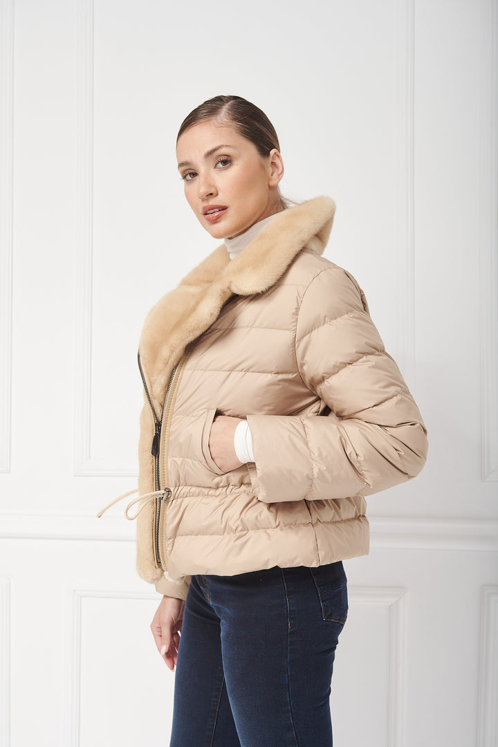 Down biker jacket with mink