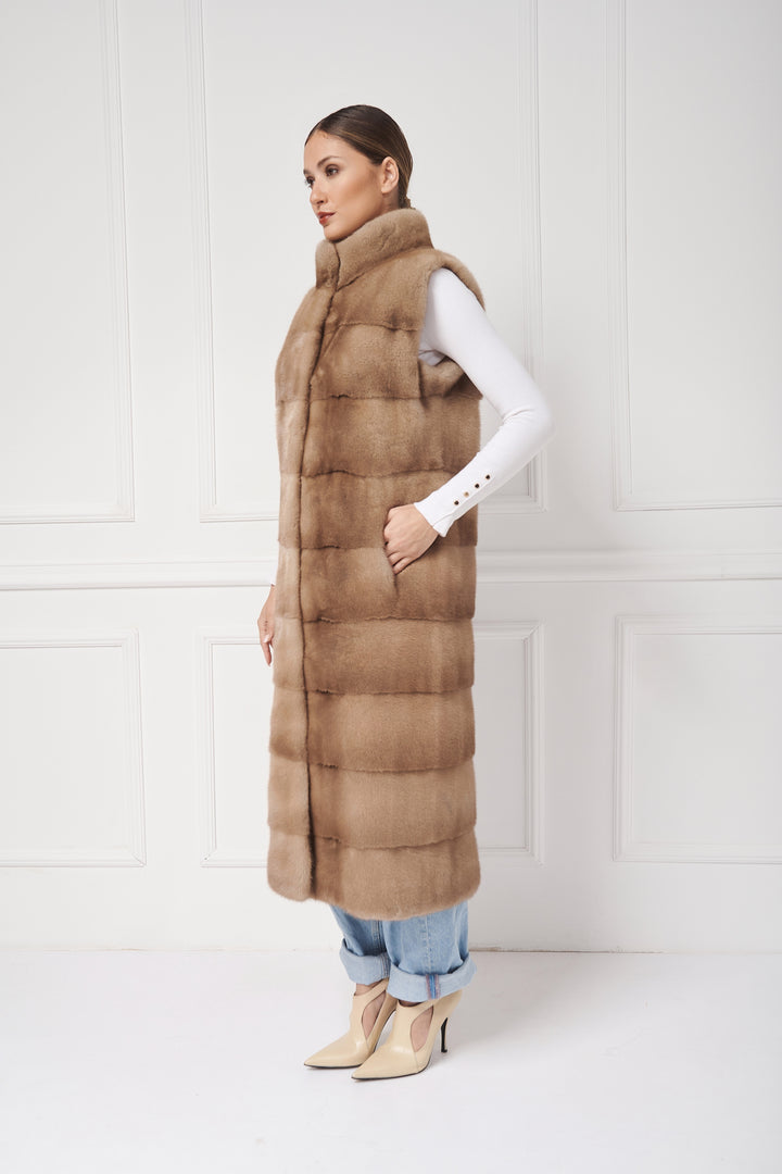 GILET LUNGO IN VISONE CON COLLO ALTO