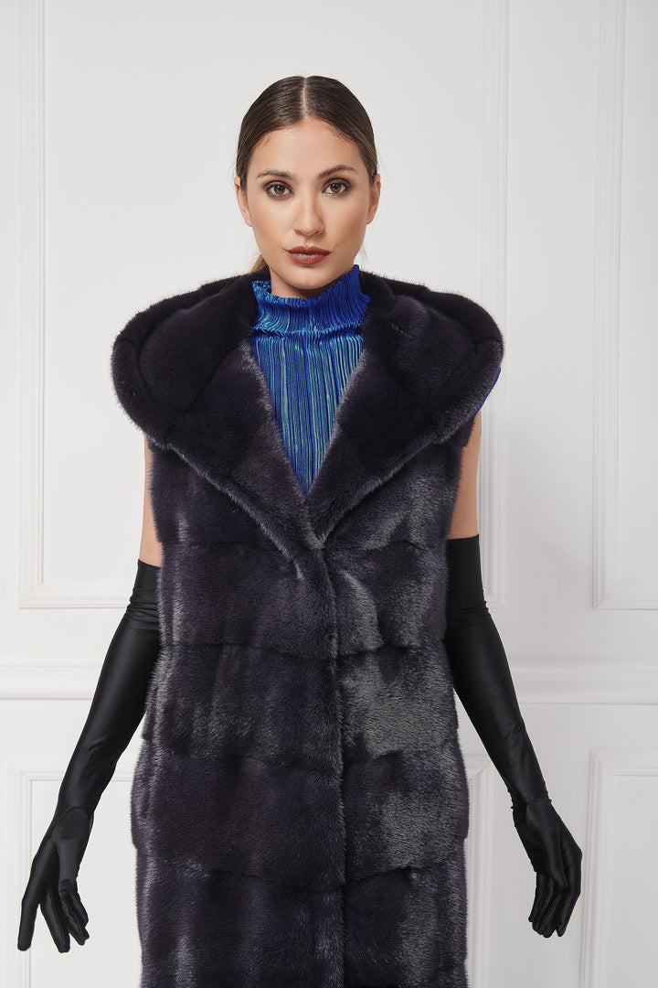 Long hooded mink vest