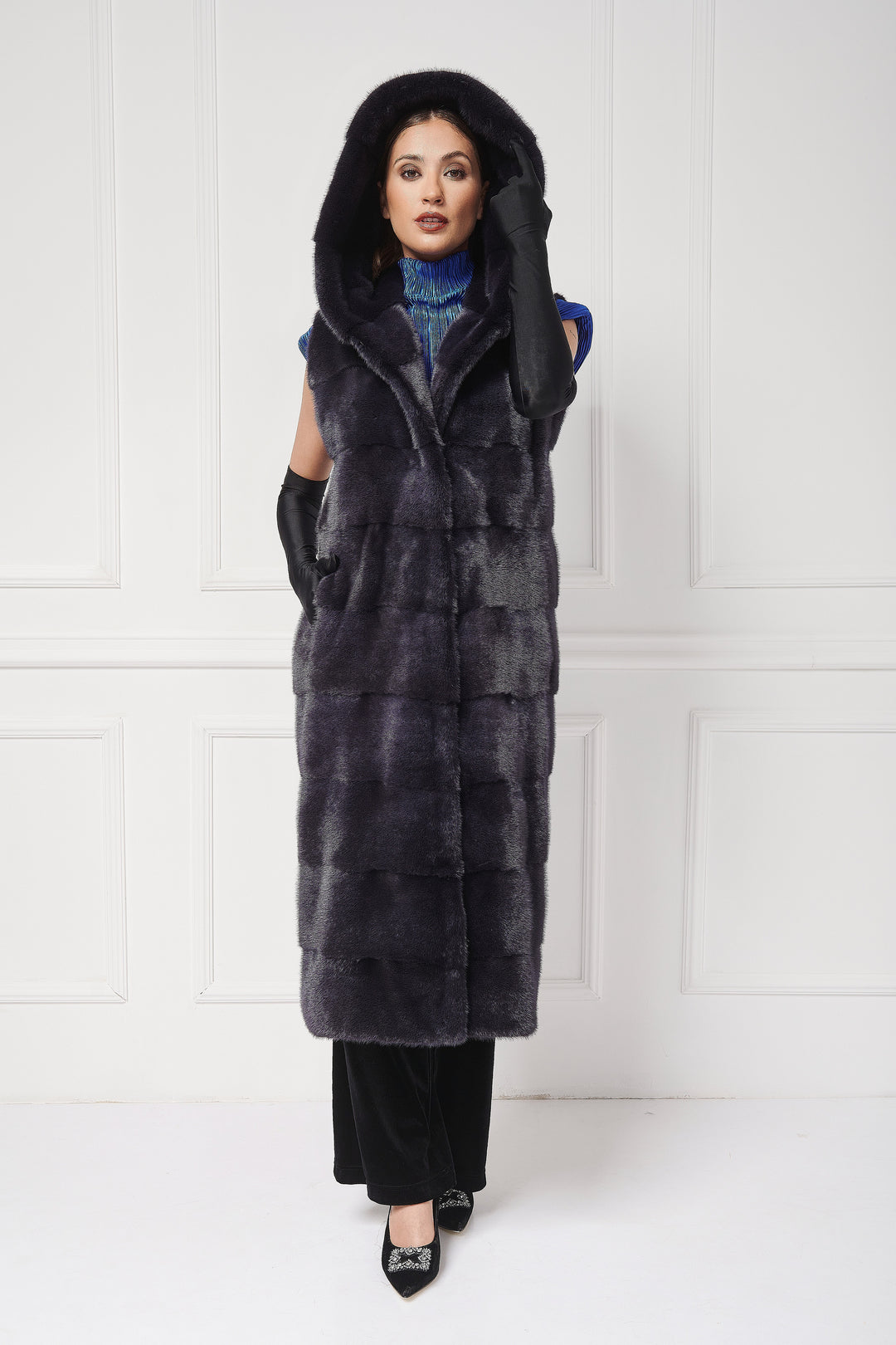 Long hooded mink vest