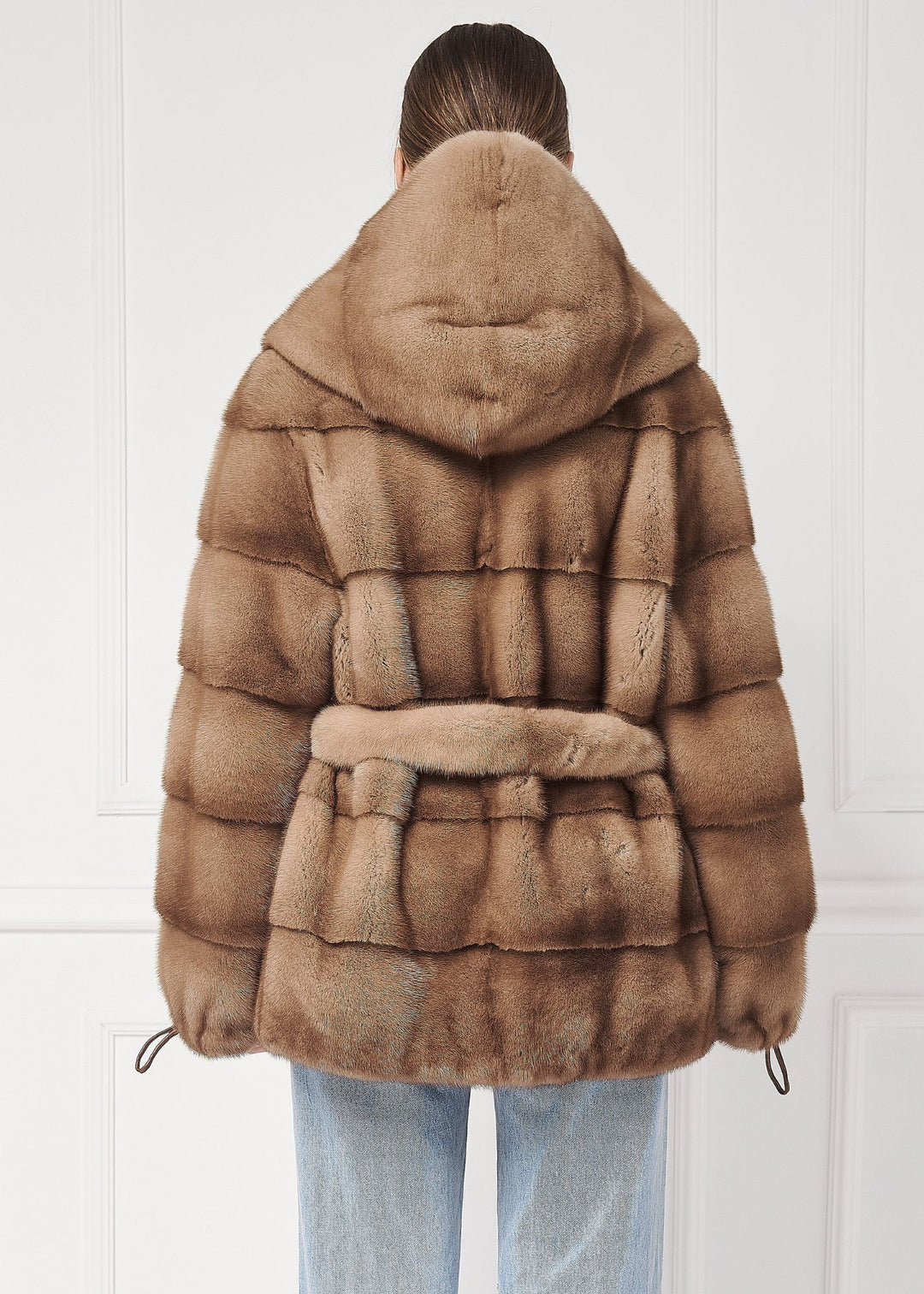 Hooded mink jacket with belt