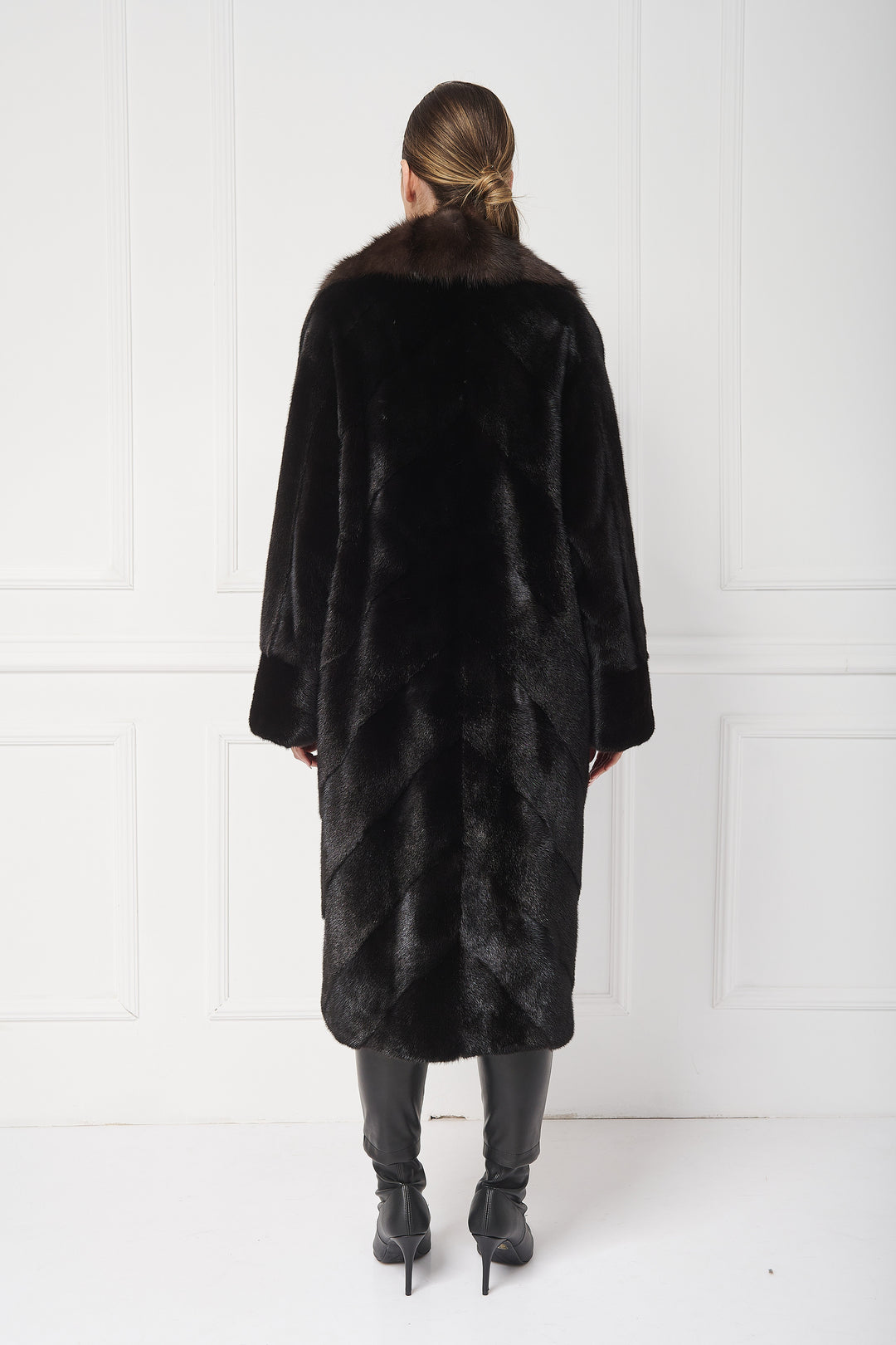 Diagonal worked mink coat with sable lapels