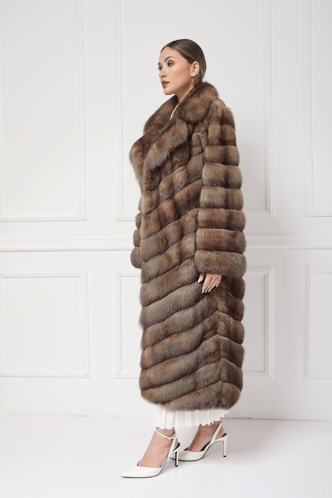 Sophisticated Long Sable Coat with an oversize english collar