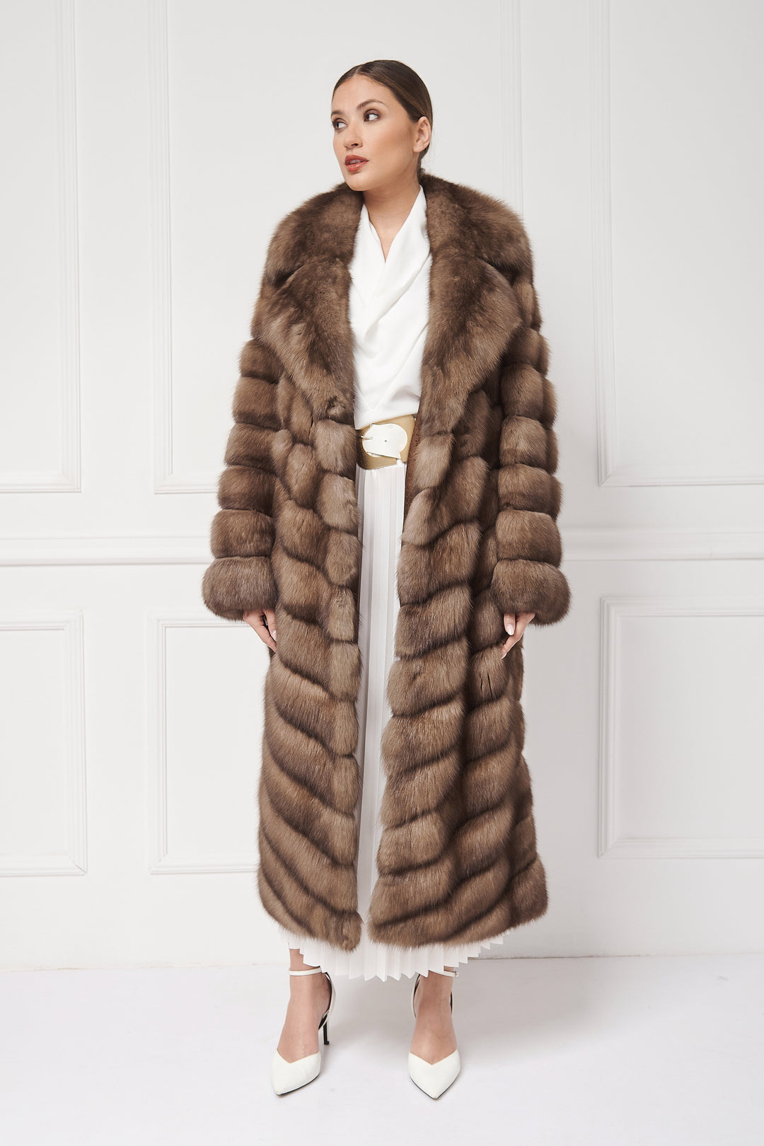 Sophisticated Long Sable Coat with an oversize english collar