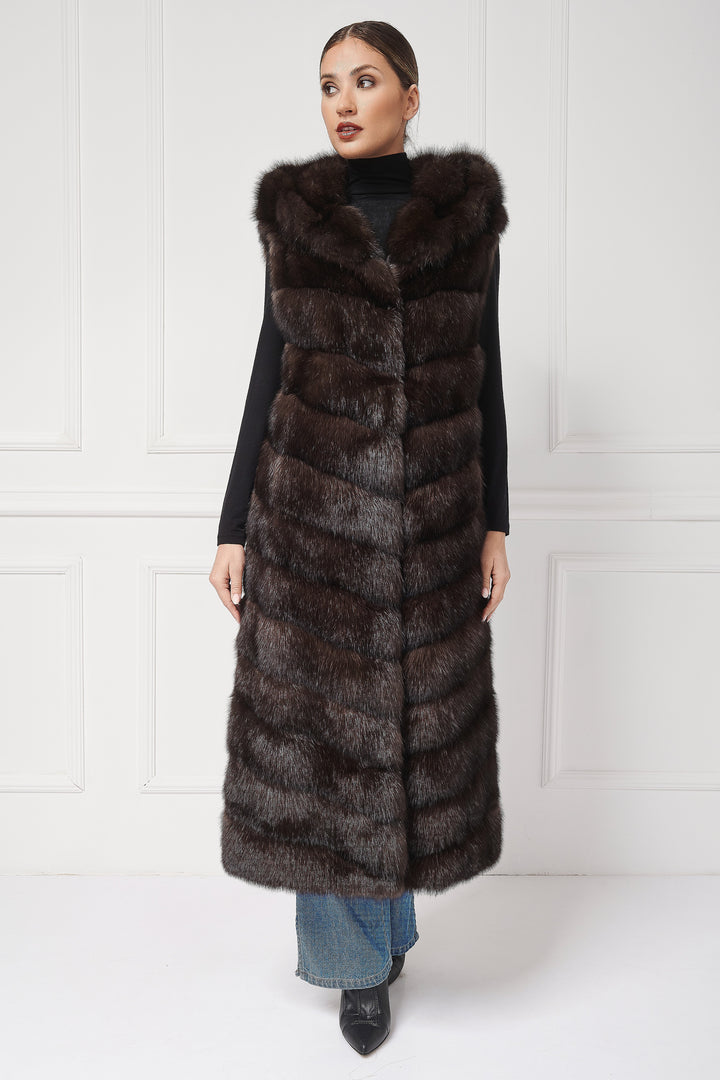 Elegant Long Sable Vest with Hood