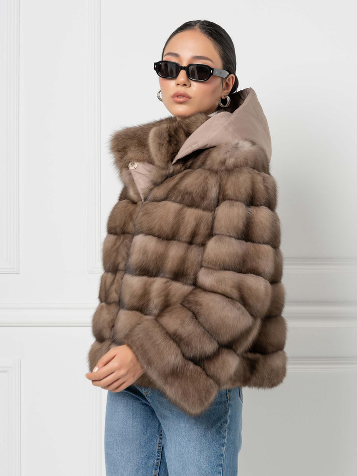 Reversible hooded sable fur jacket