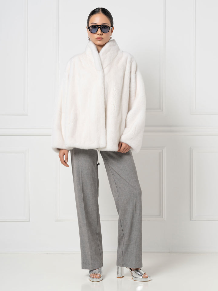 Oversized Mink Jacket with Stand Collar