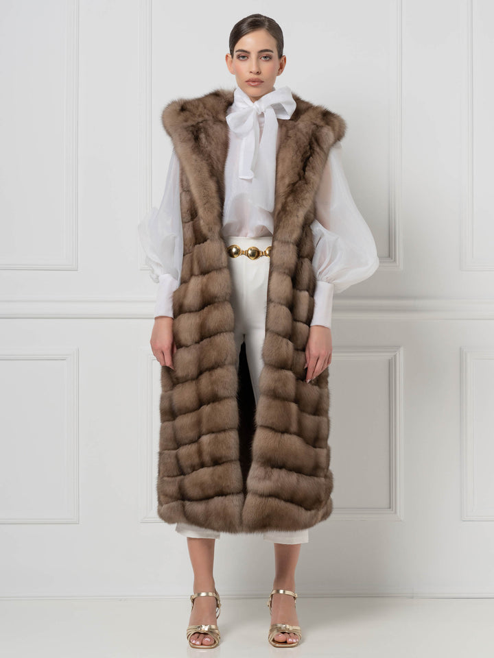 Long Hooded Sable Fur Vest