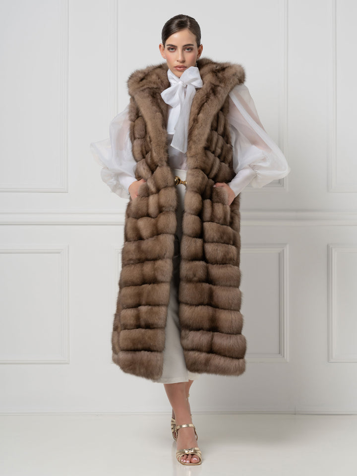 Long Hooded Sable Fur Vest