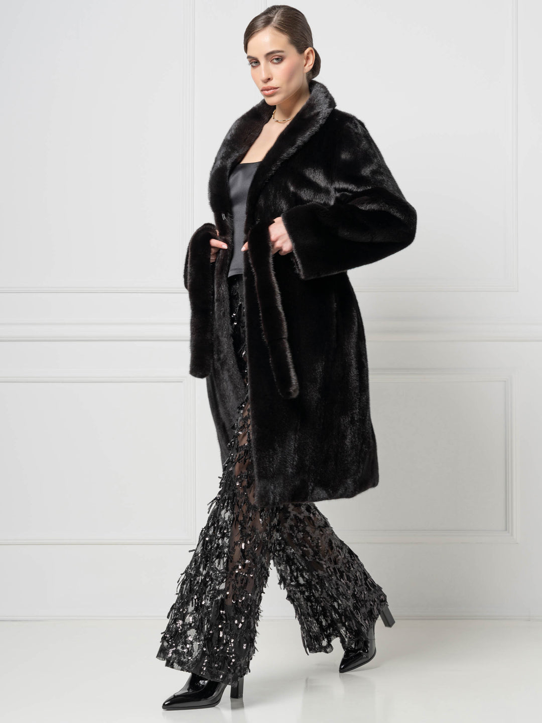 Black Long Mink Coat with Belt