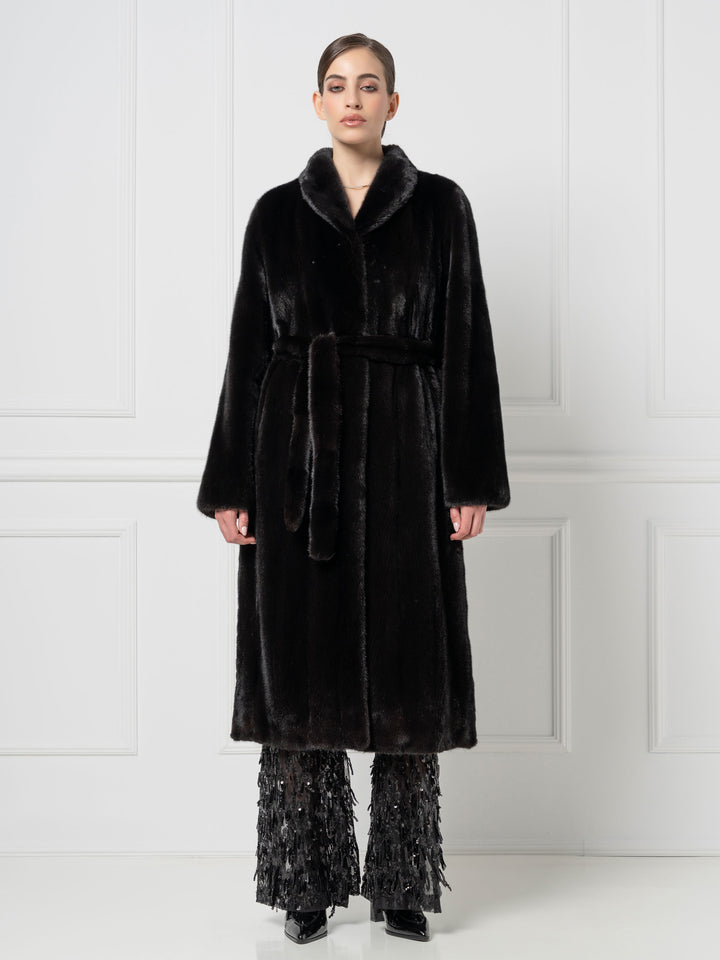 Black Long Mink Coat with Belt
