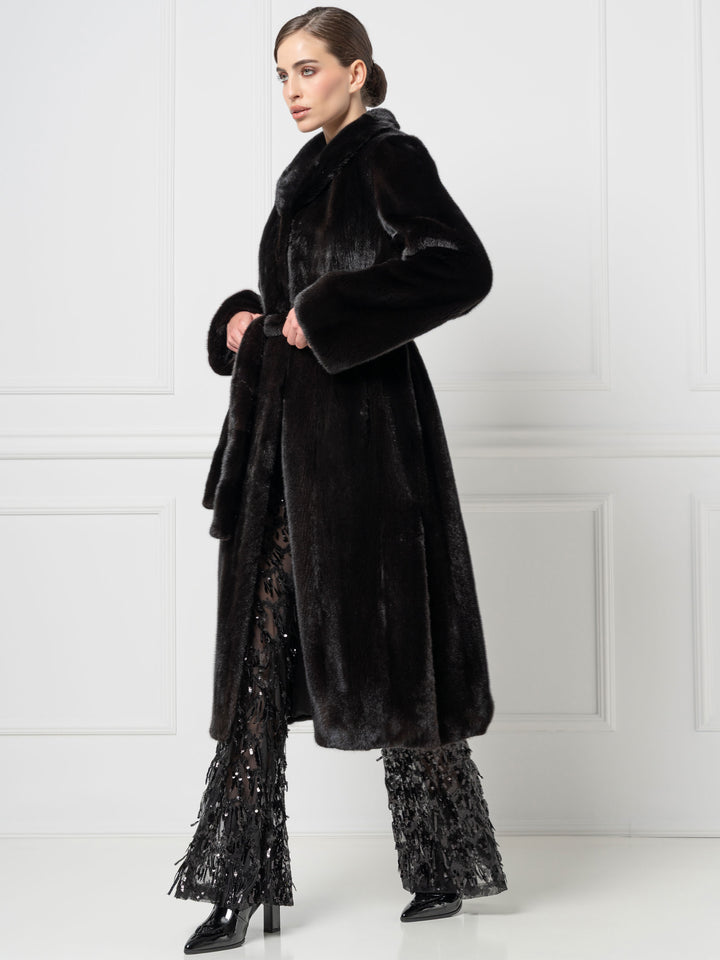 Black Long Mink Coat with Belt