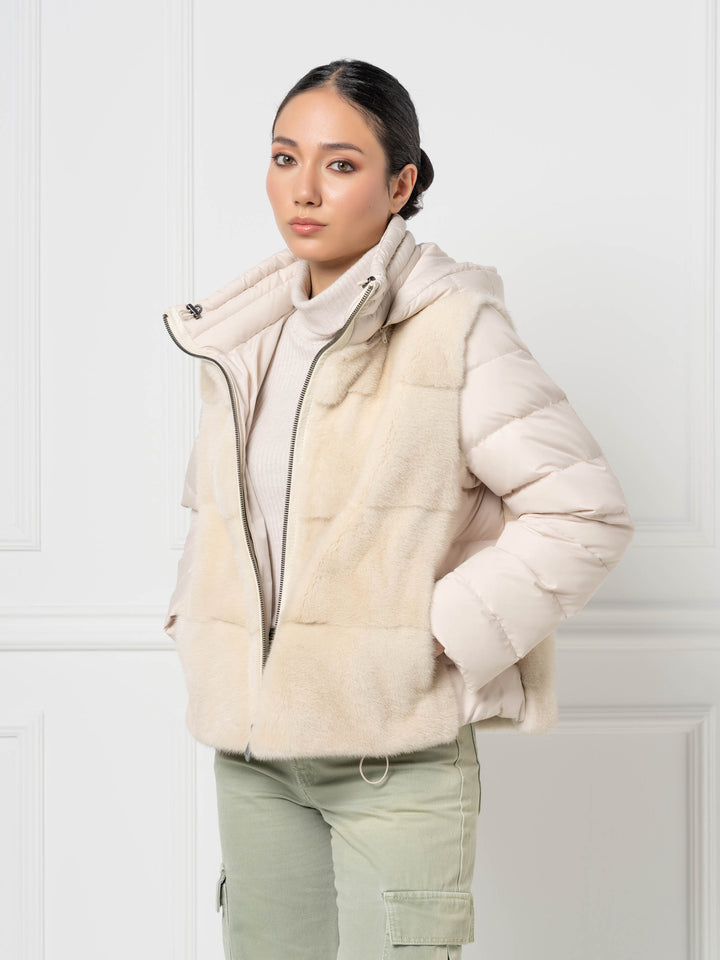 Mink- und Daunen-Kapuzenjacke
