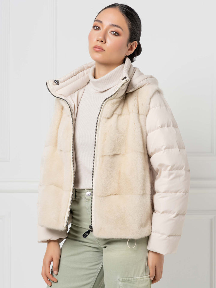 Mink- und Daunen-Kapuzenjacke