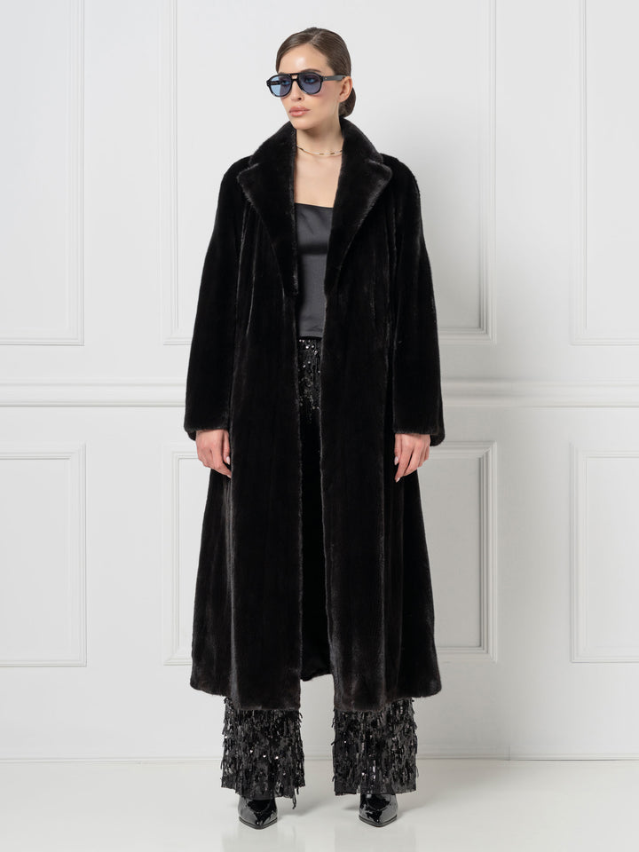 Black Long Mink Coat with Shawl Collar