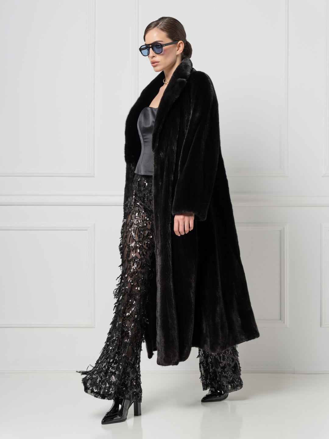Black Long Mink Coat with Shawl Collar