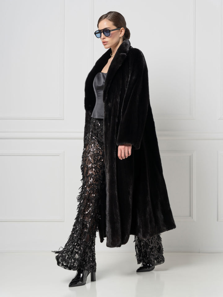 Black Long Mink Coat with Shawl Collar