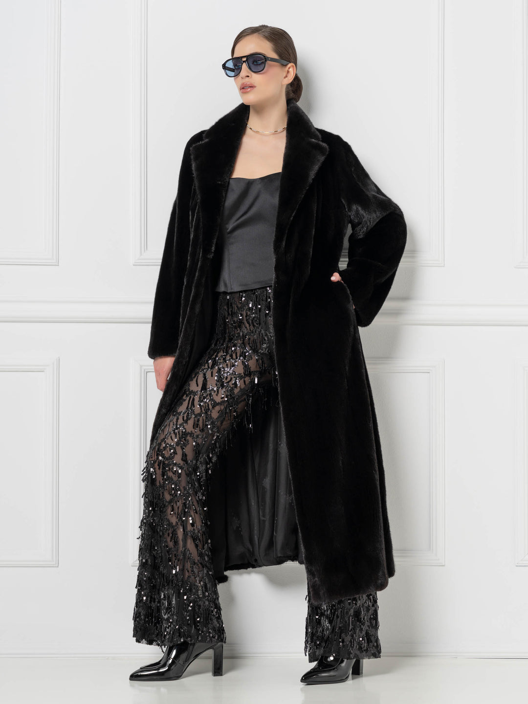 Black Long Mink Coat with Shawl Collar