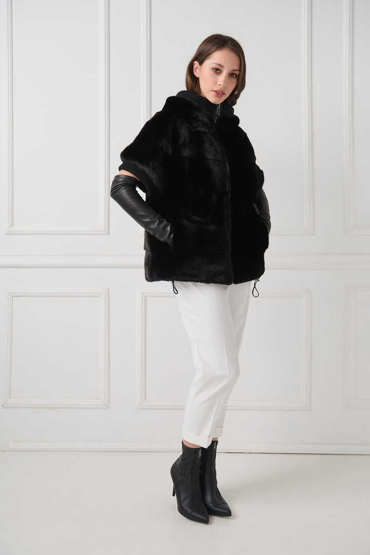 Reversible Hooded Mink Fur Jacket with Short Sleeves