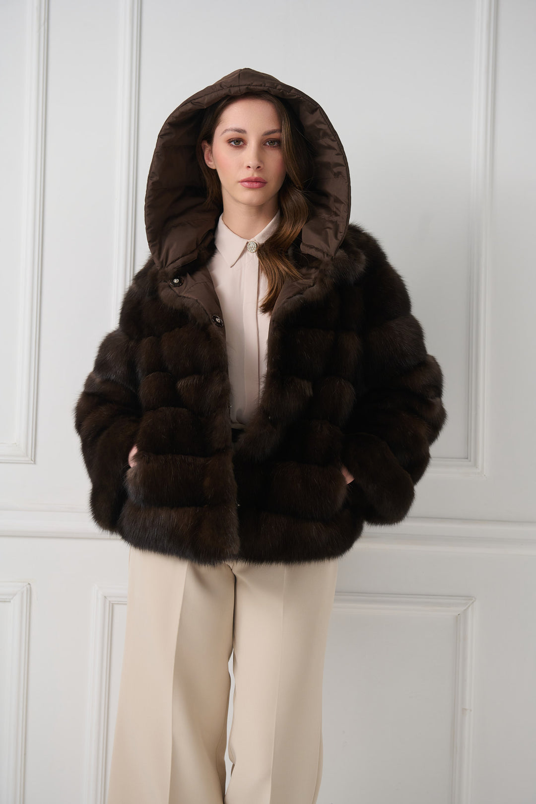 Reversible hooded sable fur jacket