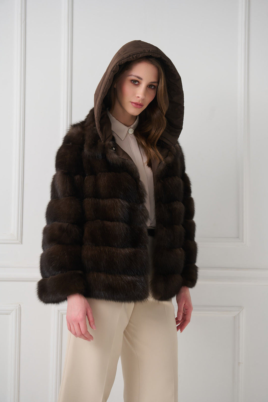 Reversible hooded sable fur jacket