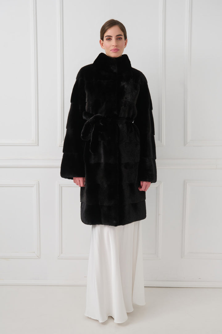 Mink Fur Coat with Stand-Up Collar and Belt