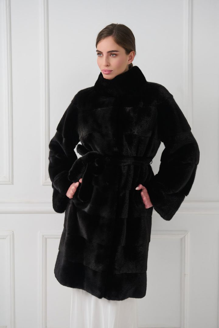 Mink Fur Coat with Stand-Up Collar and Belt