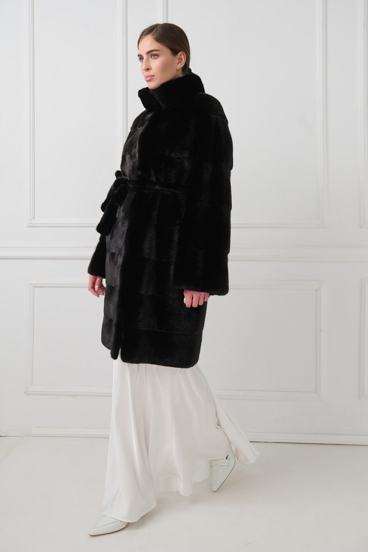 Mink Fur Coat with Stand-Up Collar and Belt