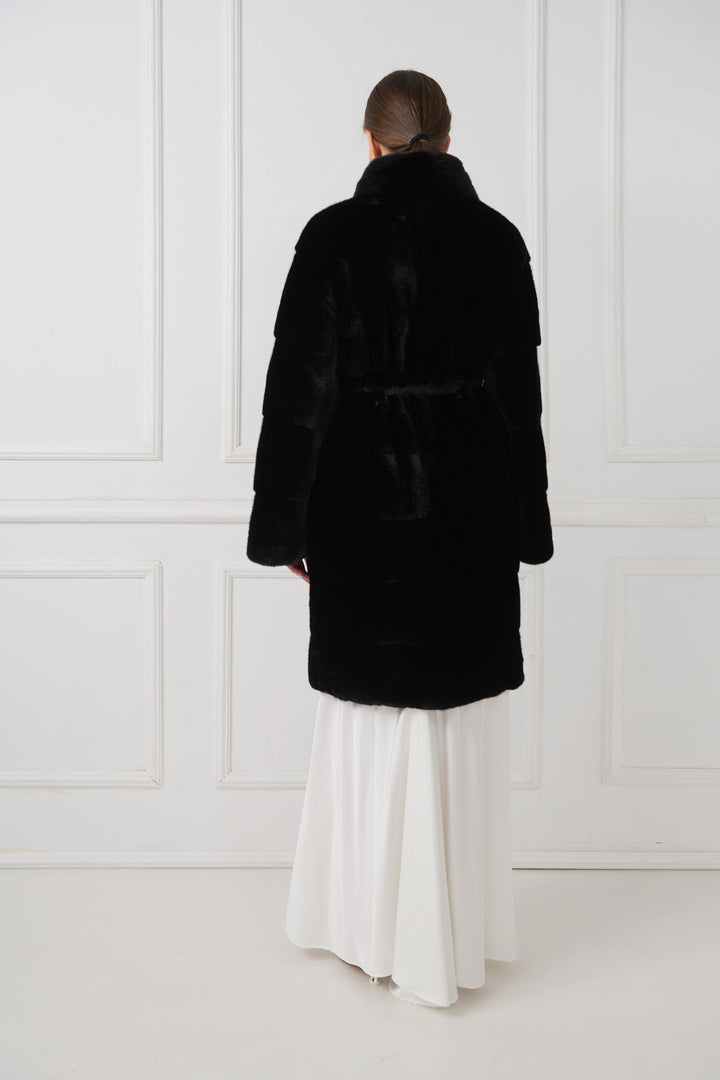 Mink Fur Coat with Stand-Up Collar and Belt