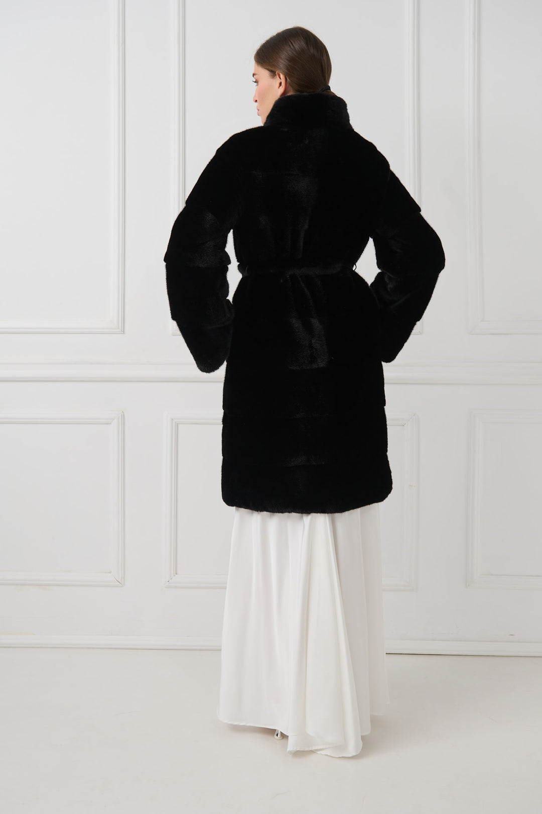 Mink Fur Coat with Stand-Up Collar and Belt