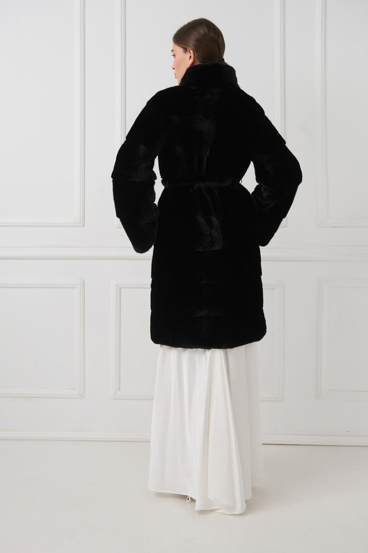 Mink Fur Coat with Stand-Up Collar and Belt
