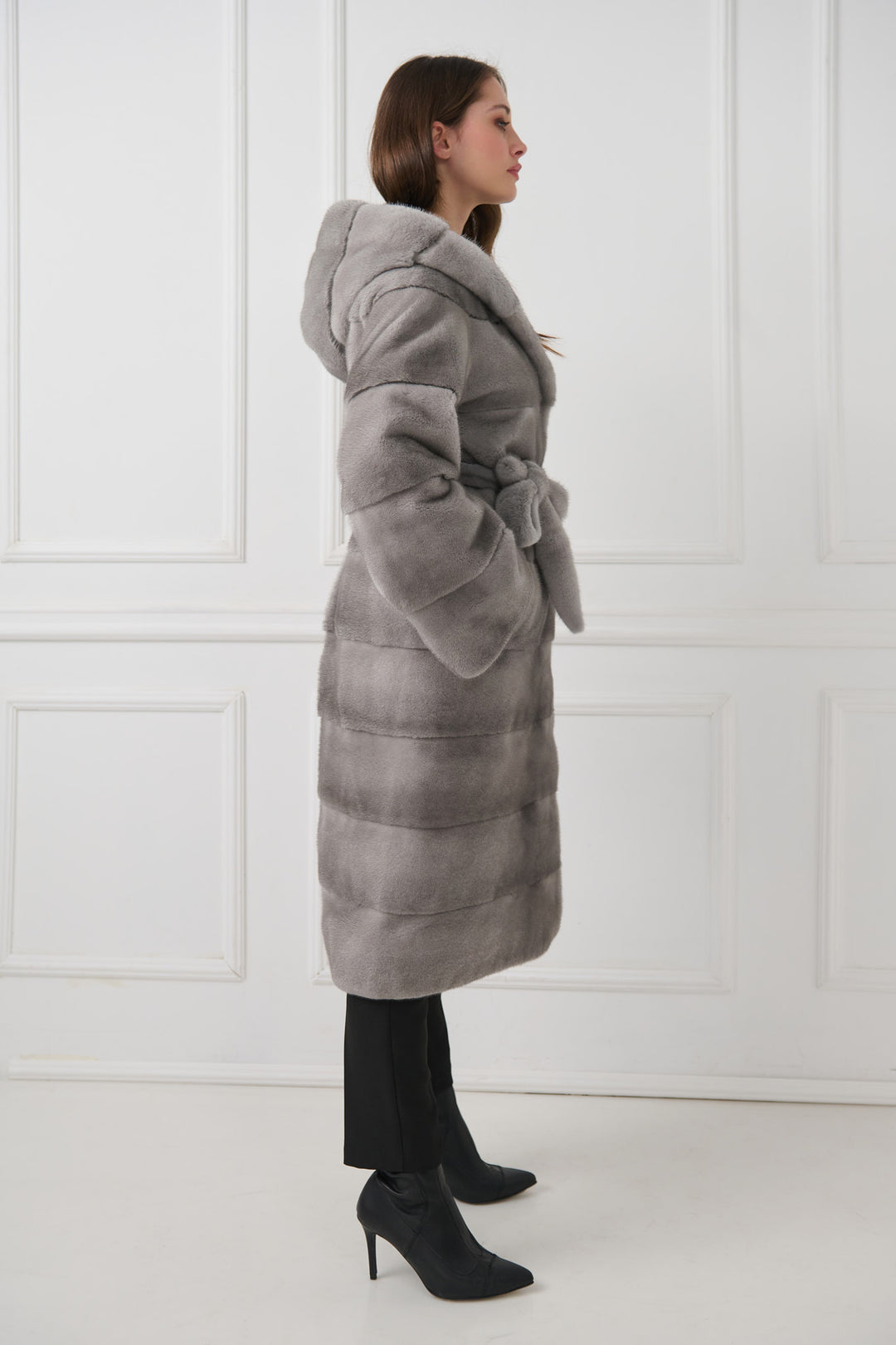 Hooded mink fur coat with belt
